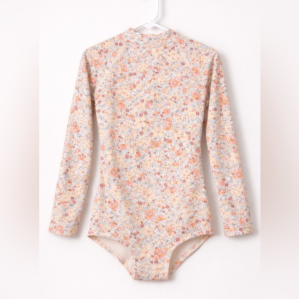 Billabong Floral Long Sleeve Swimsuit Girls M 7/8 One Piece
